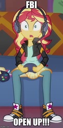Size: 353x718 | Tagged: safe, edit, edited screencap, screencap, fluttershy, sunset shimmer, equestria girls, equestria girls series, g4, game stream, controller, converse, cropped, fbi open up, gamer sunset, headphones, headset, shoes, sneakers, swatting