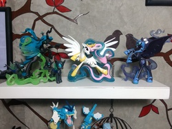 Size: 4608x3456 | Tagged: safe, nightmare moon, princess celestia, queen chrysalis, pony, g4, female, guardians of harmony, irl, photo, toy
