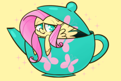Size: 800x533 | Tagged: safe, artist:nelebratory, part of a set, fluttershy, pegasus, pony, g4, colored hooves, cup, cup of pony, cute, female, floppy ears, lidded eyes, looking at you, mare, micro, shyabetes, smiling, solo, starry eyes, teapot, wingding eyes, wings