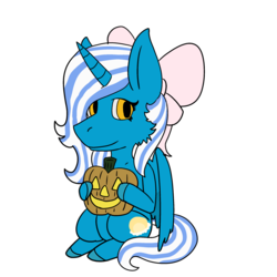 Size: 2500x2500 | Tagged: safe, artist:written-in-red-ink, oc, oc:fleurbelle, alicorn, pony, alicorn oc, bow, female, hair bow, halloween, high res, holding, holiday, mare, pumpkin, simple background, yellow background, yellow eyes