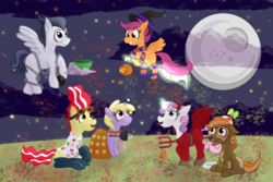 Size: 4500x3000 | Tagged: safe, artist:sixes&sevens, apple bloom, button mash, dinky hooves, rumble, scootaloo, sweetie belle, dog, earth pony, ghost, pegasus, pony, unicorn, g4, alternate hairstyle, animal costume, boots, bowl, broom, chains, clothes, cloud, colt, costume, dalek, devil horns, doctor who, female, filly, fireproof boots, flying, flying broomstick, full moon, goggles, halloween, halloween costume, hat, holiday, lab coat, levitation, mad scientist, magic, male, moon, night, nightmare night, outdoors, pillowcase, pitchfork, plunger, propeller hat, scarf, scootaloo can fly, socks, stains, stars, sweetie belle's magic brings a great big smile, telekinesis, whisk, witch, witch hat