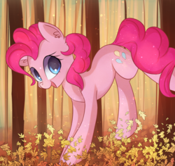 Size: 1960x1853 | Tagged: safe, artist:autumnvoyage, pinkie pie, earth pony, pony, g4, autumn, cute, diapinkes, ear fluff, female, leaves, mare, open mouth, solo, tree