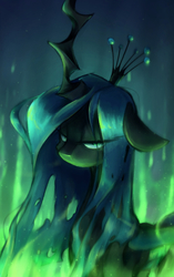 Size: 700x1116 | Tagged: safe, artist:rustyx3x, queen chrysalis, changeling, changeling queen, g4, bust, crown, female, fire, floppy ears, jewelry, lidded eyes, looking at you, quadrupedal, regalia, solo
