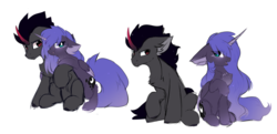 Size: 2560x1235 | Tagged: dead source, safe, artist:php146, king sombra, princess luna, alicorn, pony, unicorn, g4, alternate design, chest fluff, colored horn, ear fluff, female, hair over eyes, horn, male, raised hoof, ship:lumbra, shipping, simple background, sitting, straight, white background