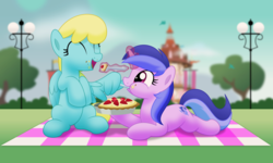 Size: 5000x2996 | Tagged: safe, artist:jhayarr23, sassaflash, sea swirl, seafoam, pegasus, pony, unicorn, g4, ^^, background pony, commission, cute, eyes closed, female, food, mare, picnic blanket, pie, ponyville town hall, shipping fuel