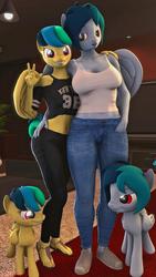 Size: 1080x1920 | Tagged: safe, artist:runic_the_wolf, oc, oc only, oc:apogee, oc:delta vee, pony, anthro, plantigrade anthro, 3d, anthro ponidox, armpits, busty delta vee, clothes, feet, female, jeans, midriff, mother and daughter, pants, sandals, self ponidox, source filmmaker, tank top