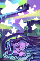 Size: 800x1202 | Tagged: safe, artist:breloomsgarden, starlight glimmer, pony, unicorn, g4, bed, colorful, dripping, female, psychadelic, sleeping, solo, stars