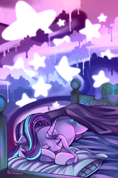 Size: 800x1202 | Tagged: safe, alternate version, artist:breloomsgarden, starlight glimmer, pony, unicorn, g4, bed, colorful, dripping, female, mare, psychadelic, sleeping, solo, stars