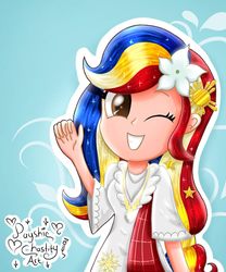 Size: 797x960 | Tagged: safe, artist:payshiechastityart, oc, oc only, oc:pearl shine, human, equestria girls, g4, abstract background, clothes, equestria girls-ified, ethereal mane, flower, flower in hair, grin, hairpin, humanized, one eye closed, smiling, solo, starry mane, text, waving, wink
