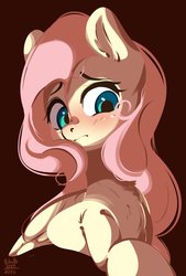 Size: 1384x2044 | Tagged: safe, artist:tohupo, fluttershy, pegasus, pony, g4, blushing, bust, cute, female, looking at you, looking down, mare, shyabetes, simple background, solo, turned head