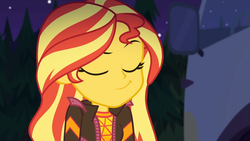 Size: 1920x1080 | Tagged: safe, screencap, sunset shimmer, equestria girls, equestria girls specials, g4, my little pony equestria girls: better together, my little pony equestria girls: sunset's backstage pass, clothes, eyes closed, female, jacket, music festival outfit, night, outdoors, rv, smug, smugset shimmer, solo