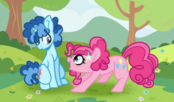 Size: 1233x727 | Tagged: safe, artist:rainbowfantasia, party favor, pinkie pie, earth pony, pony, unicorn, g4, alternate hairstyle, female, hairclip, male, mare, ship:partypie, shipping, stallion, straight