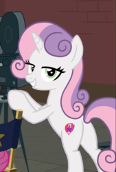 Size: 602x892 | Tagged: safe, edit, edited screencap, screencap, sweetie belle, pony, unicorn, g4, growing up is hard to do, bedroom eyes, being big is all it takes, bipedal, butt, cropped, female, film projector, lidded eyes, looking at you, looking back, looking back at you, mare, older, older sweetie belle, plot, sexy, smiling, solo, stupid sexy sweetie belle