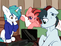 Size: 2732x2048 | Tagged: safe, artist:alphadesu, oc, oc only, oc:safty, oc:scarlett a la creme, oc:snowy blue, pony, unicorn, computer, confused, couch, hat, high res, horn, horn ring, monitor, motherboard, pillow, ring, sweat, sweatshirt, trio, white fur