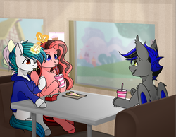 Size: 5315x4134 | Tagged: safe, artist:buvanybu, fluttershy, oc, oc:night brew, oc:scarlett a la creme, oc:snowy blue, bat pony, g4, clothes, diner, food, french fries, hoodie, horn, horn ring, long hair, lunch, meat, pepperoni, pepperoni pizza, pizza, ring, sipping, soda, sweatshirt