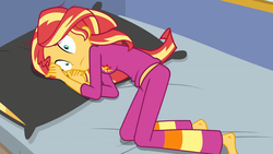Size: 1920x1080 | Tagged: safe, screencap, sunset shimmer, equestria girls, g4, my little pony equestria girls: choose your own ending, wake up!, wake up!: applejack, barefoot, clothes, feet, female, lying on bed, mattress, midriff, pajamas, pillow, shrunken pupils, wide eyes