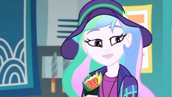 Size: 1280x720 | Tagged: safe, screencap, princess celestia, principal celestia, equestria girls, equestria girls series, g4, the road less scheduled, the road less scheduled: celestia, spoiler:choose your own ending (season 2), spoiler:eqg series (season 2), choose celestia, cyoa, female, food, hat, solo, sushi, sushi cone