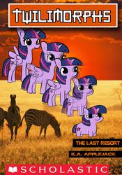 Size: 1256x1792 | Tagged: safe, artist:tjpones, twilight sparkle, alicorn, pony, unicorn, zebra, g4, animorphs, book cover, cover, female, mare, meme, real life background, solo, transformation, transformation sequence, twiggie, twilight sparkle (alicorn), unicorn twilight