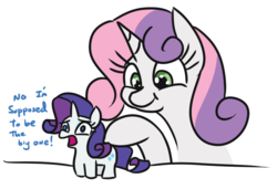 Size: 687x471 | Tagged: safe, artist:jargon scott, rarity, sweetie belle, pony, unicorn, g4, growing up is hard to do, :t, adorable distress, being big is all it takes, butt touch, cute, dialogue, duo, female, frown, hoof on butt, mare, micro, no pupils, open mouth, role reversal, siblings, simple background, sisters, smol, text, tiny, tiny ponies, white background, wide eyes