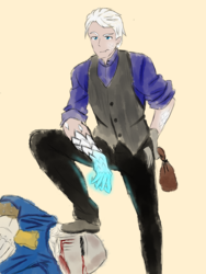 Size: 1500x2000 | Tagged: safe, artist:move, oc, oc:noc visum, human, bag, blood, clothes, fangs, humanized, knight, magic, male, scales, transformed, vest, white hair