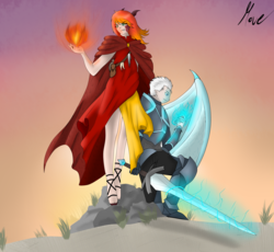 Size: 2500x2300 | Tagged: safe, artist:move, oc, oc:exuro firesong, oc:noc visum, human, armor, clothes, fangs, female, fire, fireball, guard, high res, horns, humanized, knight, magic, male, robe, scales, sword, transformed, vest, weapon, white hair, wings