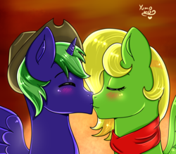 Size: 2400x2100 | Tagged: safe, artist:yumomochan, oc, oc:beauty leaf, oc:new leaf, alicorn, pegasus, pony, alicorn oc, commission, eyes closed, female, high res, kissing, male, mare, original character do not steal, pegasus oc, stallion, sundown, sunset, ych example, ych result