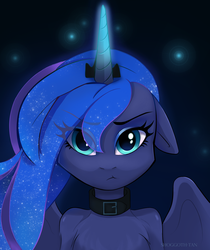 Size: 2100x2500 | Tagged: safe, artist:shoggoth-tan, princess luna, alicorn, anthro, g4, baka, bust, chest fluff, collar, commission, cute, female, floppy ears, high res, looking at you, lunabetes, mare, portrait, solo