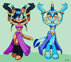 Size: 1039x900 | Tagged: safe, artist:curtsibling, princess ember, big cat, lynx, anthro, g4, anklet, armlet, arms in the air, belly dancer, belly dancer outfit, bracelet, commission, crossover, harem outfit, jewelry, looking at you, necklace, nicole the holo-lynx, sonic the hedgehog, sonic the hedgehog (series), spirette