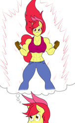 Size: 889x1459 | Tagged: safe, artist:matchstickman, apple bloom, earth pony, anthro, matchstickman's apple brawn series, tumblr:where the apple blossoms, g4, abs, apple bloom's bow, apple brawn, biceps, bow, breasts, busty apple bloom, clothes, comic, deltoids, dragon ball, female, fingerless gloves, gloves, hair bow, jeans, looking at you, mare, midriff, muscles, no dialogue, older, older apple bloom, pants, pecs, simple background, single panel, solo, sports bra, super saiyan, thinking, thought bubble, tumblr comic, white background