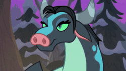 Size: 800x451 | Tagged: safe, screencap, queen chrysalis, ophiotaurus, frenemies (episode), g4, :p, :t, animated, aroused, bedroom eyes, blinking, cloven hooves, colored sclera, disguise, disguised changeling, eye contact, eyelashes, fangs, female, flirting, floppy ears, forked tongue, frown, green sclera, heart, heart eyes, horns, in love, lidded eyes, looking at each other, male, night, open mouth, seduction, shocked, smiling, snow, stupid sexy chrysalis, tongue out, tree, wide eyes, wingding eyes, you know for kids