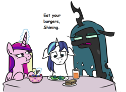 Size: 730x534 | Tagged: safe, artist:jargon scott, edit, princess cadance, queen chrysalis, shining armor, alicorn, changeling, changeling queen, pony, unicorn, g4, awkward, bread, cereal, changeling egg, dialogue, eat your hamburgers apollo, eating, egg (food), female, floppy ears, food, fried egg, glowing horn, green eggs, green eggs and ham, green eggs and no ham, horn, juice, magic, male, mare, meme, orange juice, ponies eating meat, ponified meme, rhyming in the comments, scrunchy face, simple background, stallion, telekinesis, toast, white background