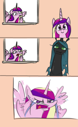 Size: 774x1253 | Tagged: safe, artist:jargon scott, edit, princess cadance, queen chrysalis, alicorn, changeling, changeling queen, pony, g4, against glass, angry, comic, crying, disguise, disguised changeling, fake cadance, female, glass, ocular gushers, princess sadance, tears of anger