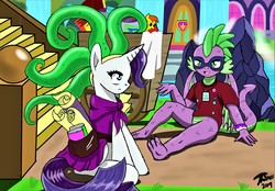 Size: 11400x7957 | Tagged: safe, artist:radiancebreaker, rarity, spike, dragon, pony, anthro, dragon dropped, g4, absurd resolution, clothes, cosplay, costume, mask, scene interpretation, shirt, winged spike, wings