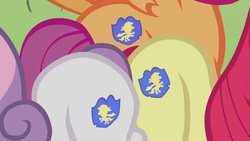 Size: 1280x720 | Tagged: safe, edit, edited screencap, screencap, apple bloom, scootaloo, sweetie belle, earth pony, pegasus, pony, unicorn, crusaders of the lost mark, g4, cutie mark, cutie mark crusaders, cutie mark crusaders patch, female, filly, the cmc's cutie marks, what could have been