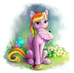 Size: 1101x1080 | Tagged: safe, artist:vyazinrei, oc, oc only, oc:candy clumsy, pegasus, pony, female, flower, mare, paintbrush, palette, sitting