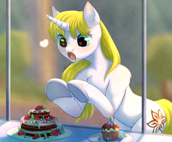 Size: 2300x1900 | Tagged: safe, artist:peachmayflower, oc, oc only, oc:snow veil, pony, unicorn, semi-anthro, arm hooves, bipedal, bipedal leaning, cake, cute, drool, eyes on the prize, female, food, heart, heart eyes, leaning, looking at something, mare, open mouth, shoes, solo, want, window, wingding eyes