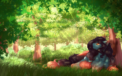 Size: 1700x1061 | Tagged: safe, artist:peachmayflower, oc, oc only, pegasus, pony, commission, dappled sunlight, female, forest, freckles, gradient hooves, looking up, mare, outdoors, prone, smiling, solo, sunlight, tree, ych result