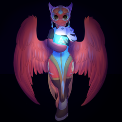 Size: 2500x2500 | Tagged: safe, artist:peachmayflower, oc, oc only, cyborg, pegasus, semi-anthro, arm hooves, black background, both cutie marks, clothes, female, high res, mare, overwatch, simple background, solo, symmetra