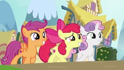Size: 1920x1080 | Tagged: safe, screencap, apple bloom, scootaloo, sweetie belle, pony, g4, growing up is hard to do, cutie mark crusaders