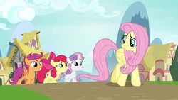 Size: 1920x1080 | Tagged: safe, screencap, apple bloom, fluttershy, scootaloo, sweetie belle, pony, g4, growing up is hard to do, cutie mark crusaders