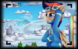 Size: 1478x936 | Tagged: safe, artist:lich, oc, oc only, oc:zephyr leaf, pegasus, pony, adjusting glasses, aviator goggles, camera shot, clothes, cloud, cloud house, cloudsdale, cloudy, commission, condensation, foggy glasses, glasses, goggle marks, goggles, hoof on head, male, markings, open mouth, pegasus oc, rainbow waterfall, sitting, sky, solo, stallion, sweat, uniform, unzipping, wings, wings down, wonderbolts, wonderbolts headquarters, wonderbolts uniform
