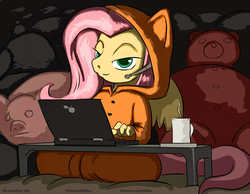 Size: 1500x1166 | Tagged: safe, artist:vylfgor, fluttershy, anthro, unguligrade anthro, g4, clothes, computer, female, game, gamershy, headphones, hoodie, laptop computer, mare, microphone, plushie