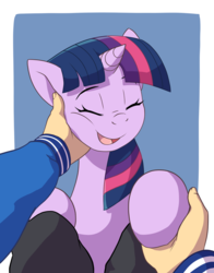 Size: 3300x4200 | Tagged: safe, artist:deannart, twilight sparkle, human, pony, bronybait, commission, cute, eyes closed, female, female focus, hand, human on pony petting, mare, offscreen character, open mouth, petting, photo, pov, simple background, solo focus, twiabetes