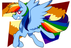 Size: 3507x2380 | Tagged: safe, artist:snowolive, rainbow dash, pegasus, pony, g4, abstract background, female, flying, grin, high res, looking at you, mare, smiling, solo, spread wings, starry eyes, wingding eyes, wings