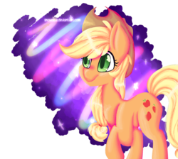Size: 945x846 | Tagged: safe, artist:snowolive, applejack, earth pony, pony, g4, abstract background, cutie mark, female, mare, raised hoof, smiling, solo, stars