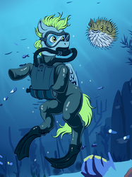 Size: 2240x2991 | Tagged: safe, artist:chef-cheiro, artist:raynaljacquemin, oc, oc only, oc:sea glow, pony, puffer fish, dive mask, flippers (gear), high res, latex, latex suit, rebreather, scuba diving, scuba gear, solo, underwater, wetsuit