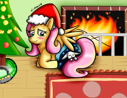 Size: 648x504 | Tagged: safe, artist:warped-dragonfly, angel bunny, fluttershy, pegasus, pony, g4, blanket, christmas, christmas tree, female, fire, fireplace, hat, holiday, mare, model train, prone, santa hat, tree