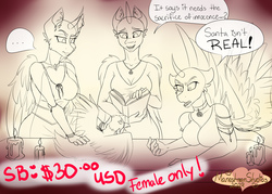 Size: 3500x2500 | Tagged: safe, artist:manestreamstudios, artist:yourfavoritelove, oc, alicorn, bird, chicken, earth pony, pegasus, unicorn, anthro, book, breasts, commission, female, halloween, high res, holiday, innocence, pun, read, reading, restrained, sacrifice, sketch, talking, uncertain, witch, your character here