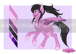 Size: 3500x2500 | Tagged: safe, artist:manestreamstudios, oc, oc only, bat pony, pony, adoptable, bat pony oc, bat wings, cute, design, happy, high res, hooves, palette, ponytail, prancing, solo, wings
