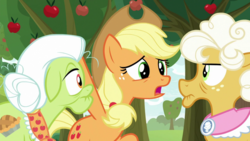 Size: 1920x1080 | Tagged: safe, screencap, applejack, goldie delicious, granny smith, earth pony, pony, g4, going to seed, apple, apple tree, tree